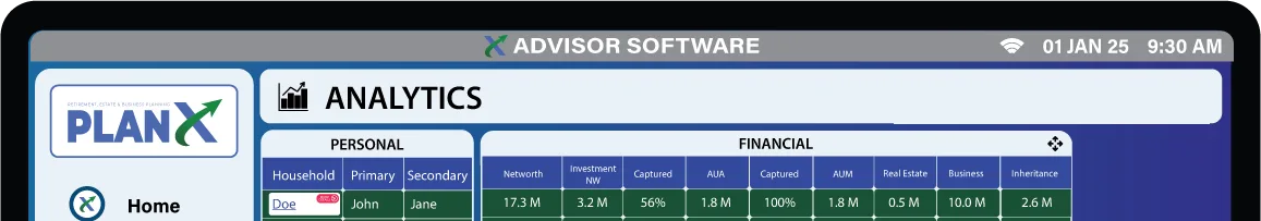 Top of the Plan X advisor dashboard: the Analytics view with one household row per client, from net worth and investment net worth to real estate, business and inheritance